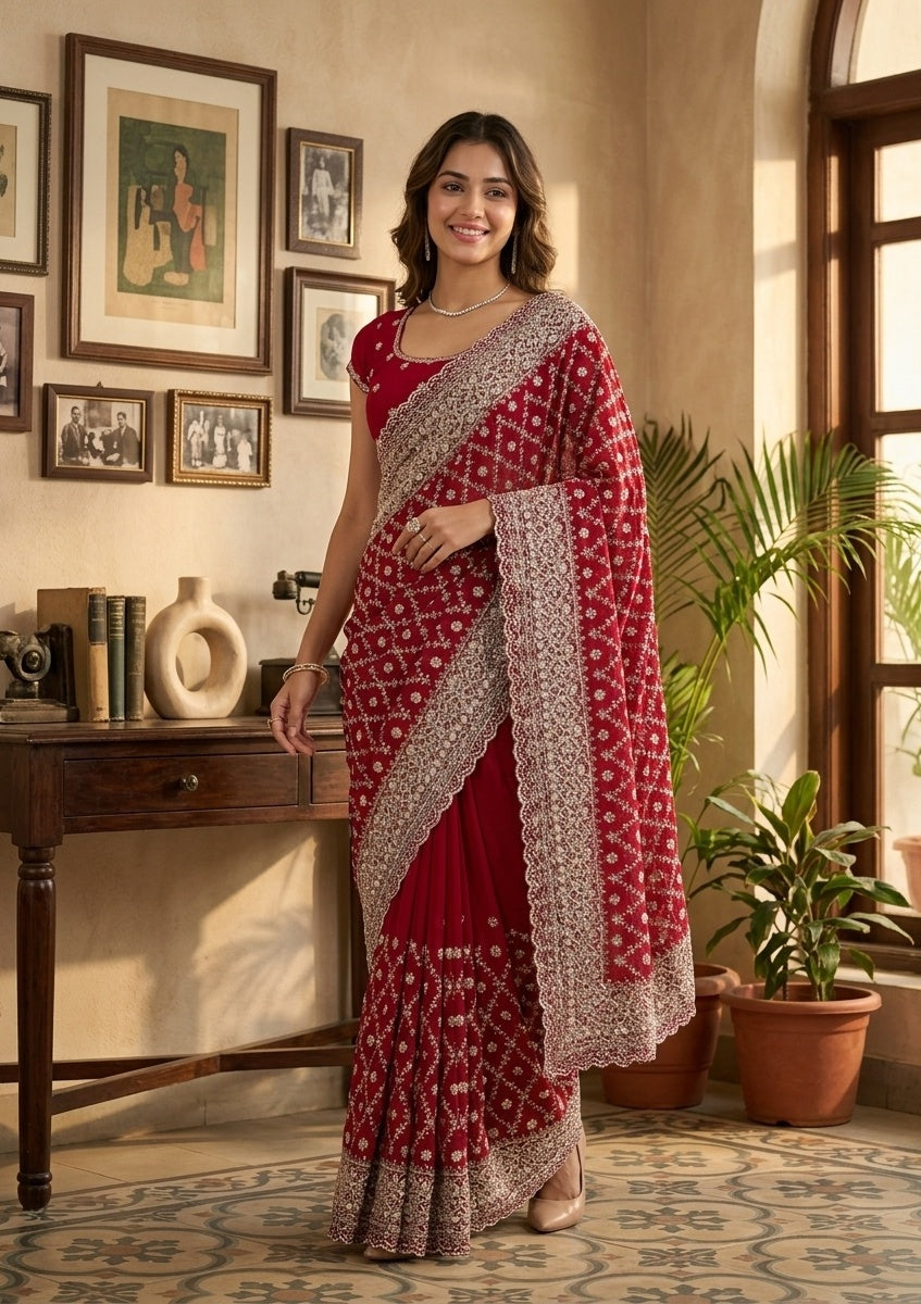 Maroon Georgette Gold Zariwork Saree With Matching Blouse Piece