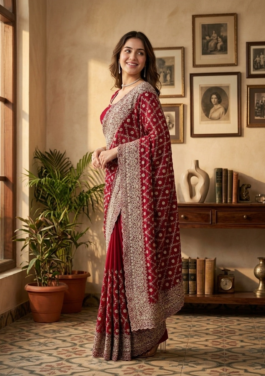 Maroon Georgette Gold Zariwork Saree With Matching Blouse Piece