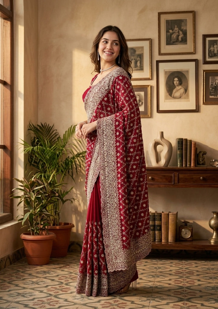 Maroon Georgette Gold Zariwork Saree With Matching Blouse Piece