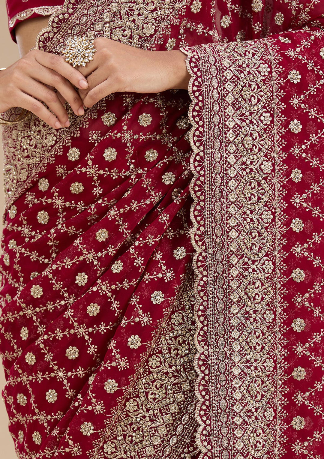 Maroon Georgette Gold Zariwork Saree With Matching Blouse Piece