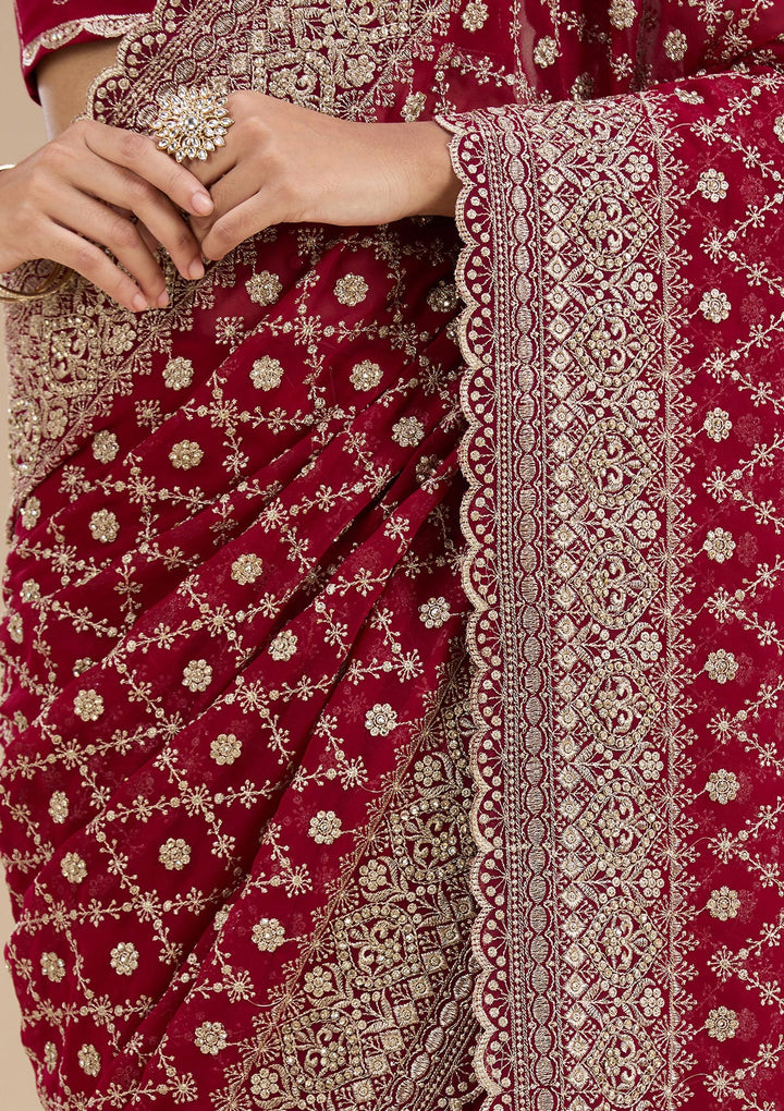 Maroon Georgette Gold Zariwork Saree With Matching Blouse Piece