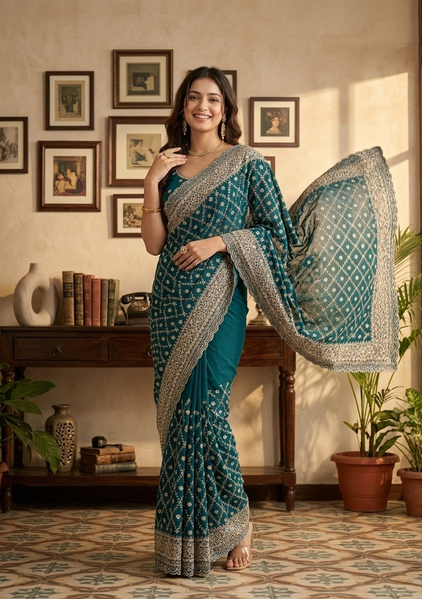 Rama Green Georgette Gold Zariwork Saree With Matching Blouse Piece