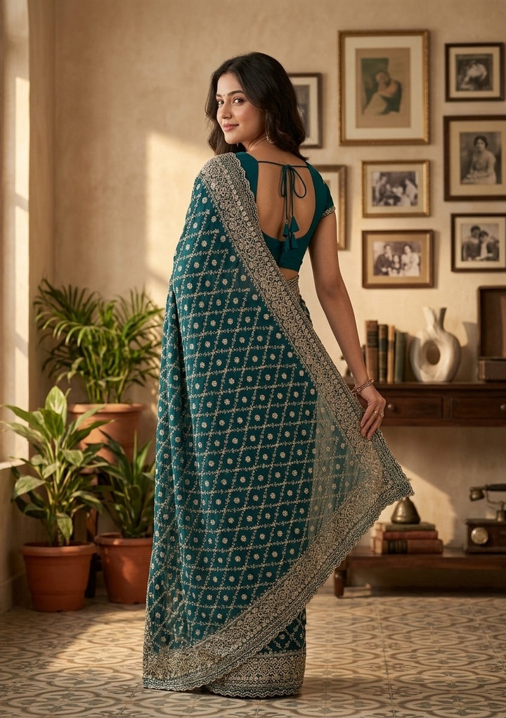Rama Green Georgette Gold Zariwork Saree With Matching Blouse Piece