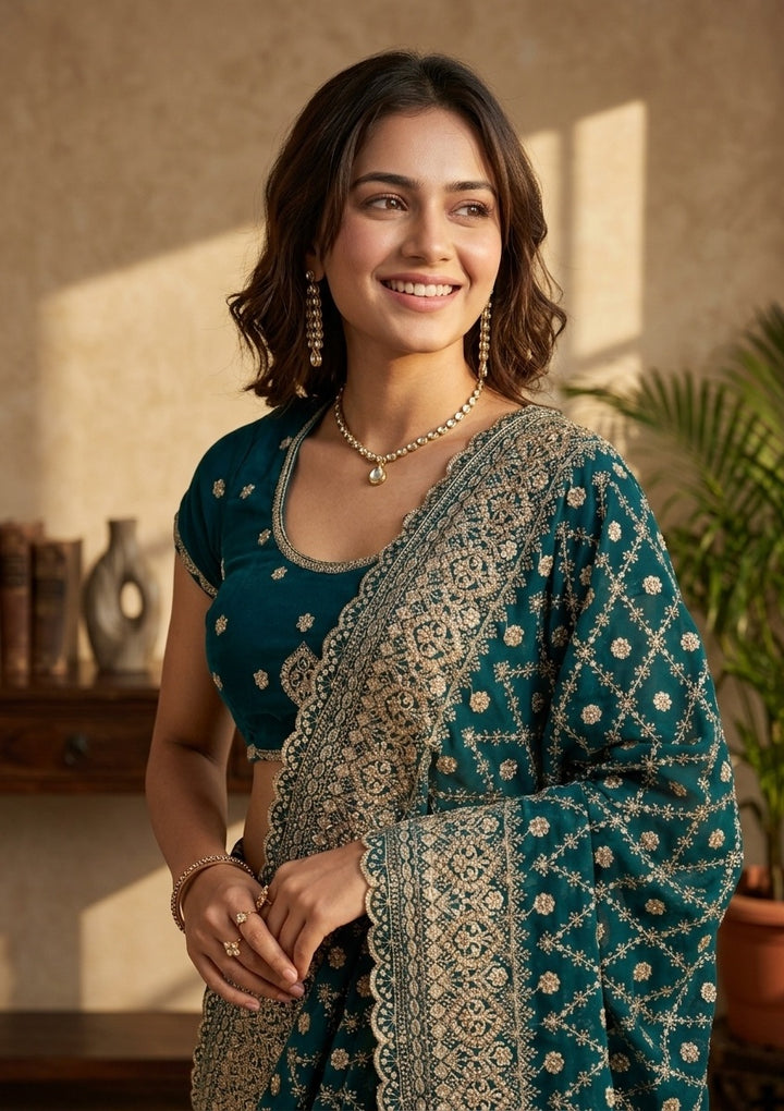 Rama Green Georgette Gold Zariwork Saree With Matching Blouse Piece