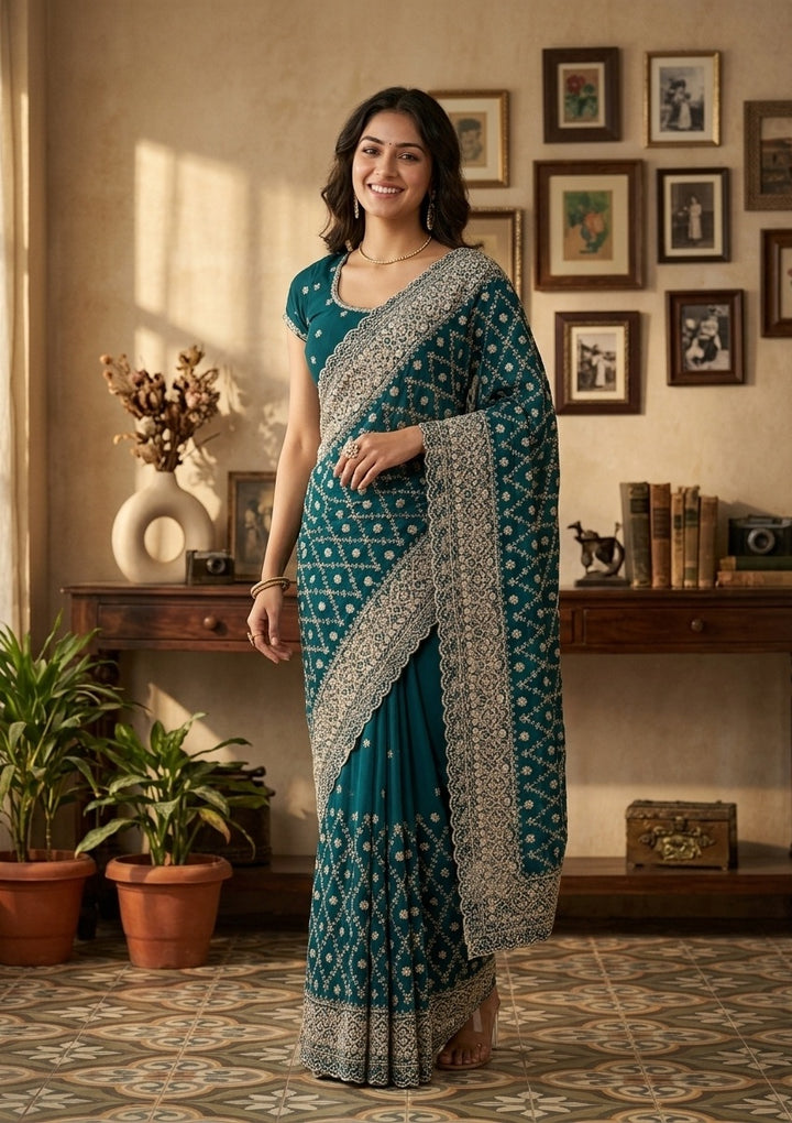 Rama Green Georgette Gold Zariwork Saree With Matching Blouse Piece