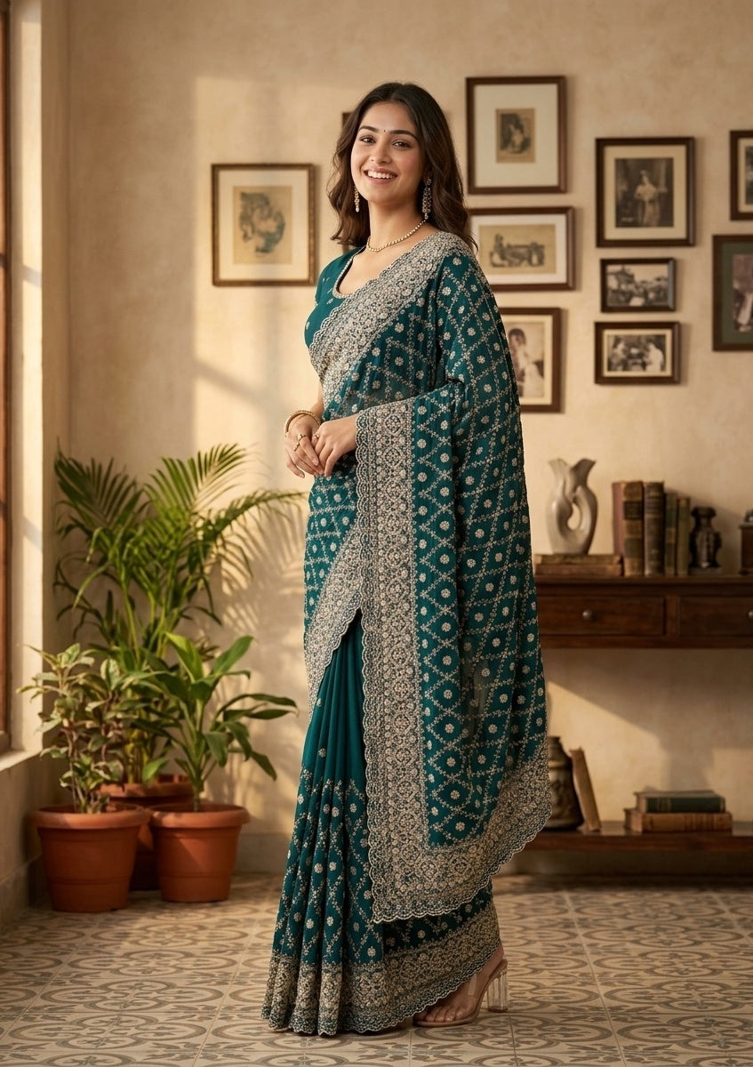 Rama Green Georgette Gold Zariwork Saree With Matching Blouse Piece