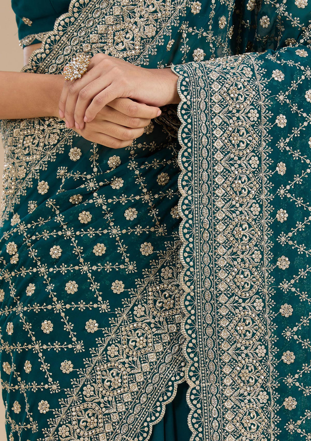 Rama Green Georgette Gold Zariwork Saree With Matching Blouse Piece