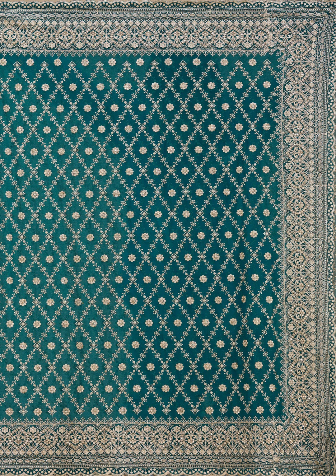 Rama Green Georgette Gold Zariwork Saree With Matching Blouse Piece