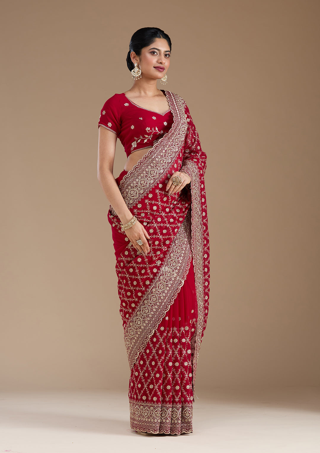 Rani Pink Zariwork (Gold) Georgette Saree