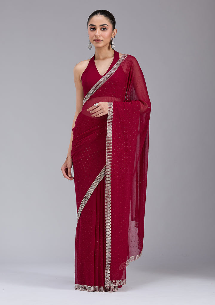 Maroon Georgette Gold Stonework Saree With Matching Blouse Piece