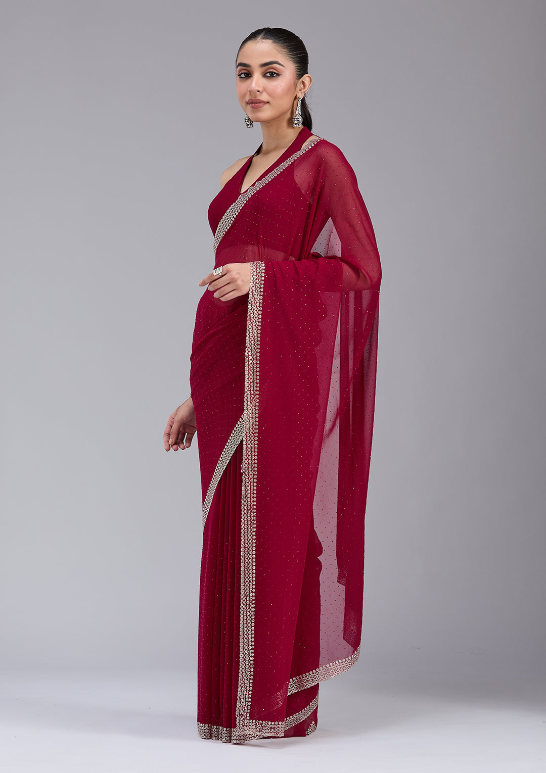 Maroon Georgette Gold Stonework Saree With Matching Blouse Piece