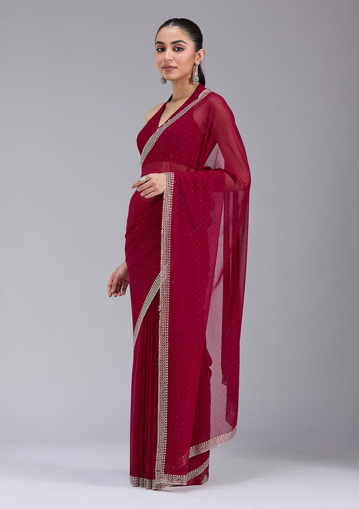 Maroon Georgette Gold Stonework Saree With Matching Blouse Piece