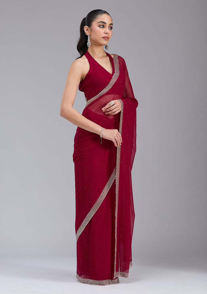 Maroon Georgette Gold Stonework Saree With Matching Blouse Piece