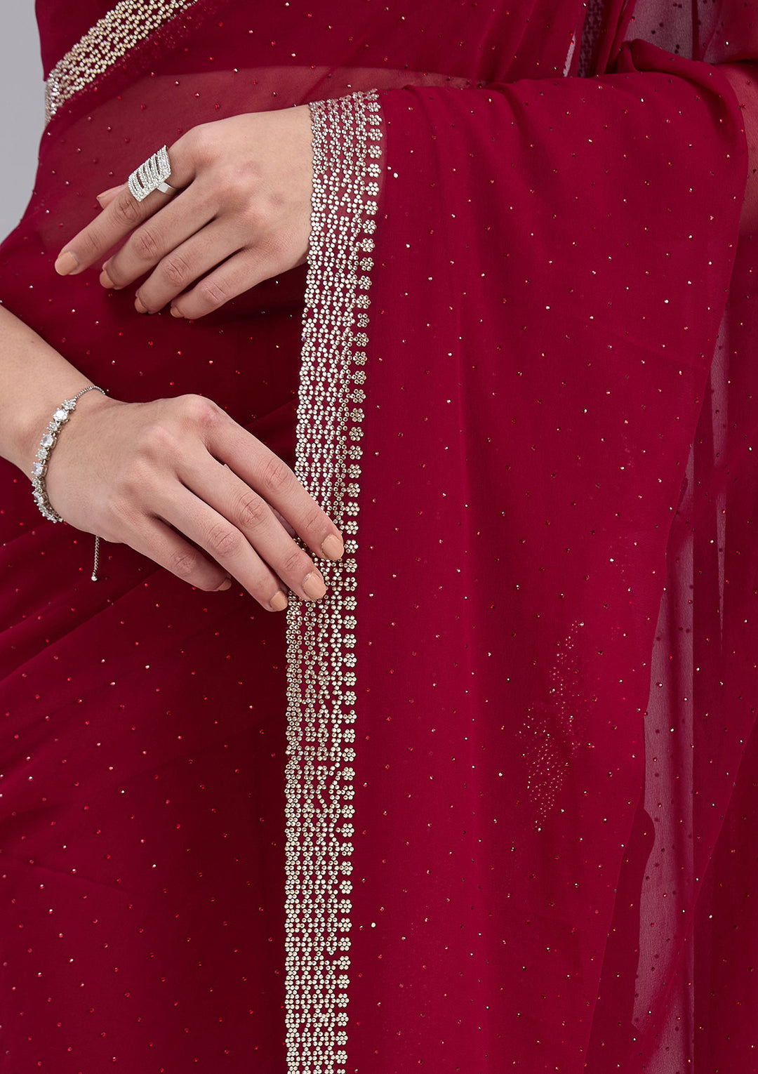 Maroon Georgette Gold Stonework Saree With Matching Blouse Piece
