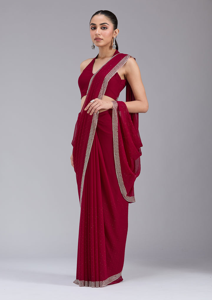 Maroon Georgette Gold Stonework Saree With Matching Blouse Piece