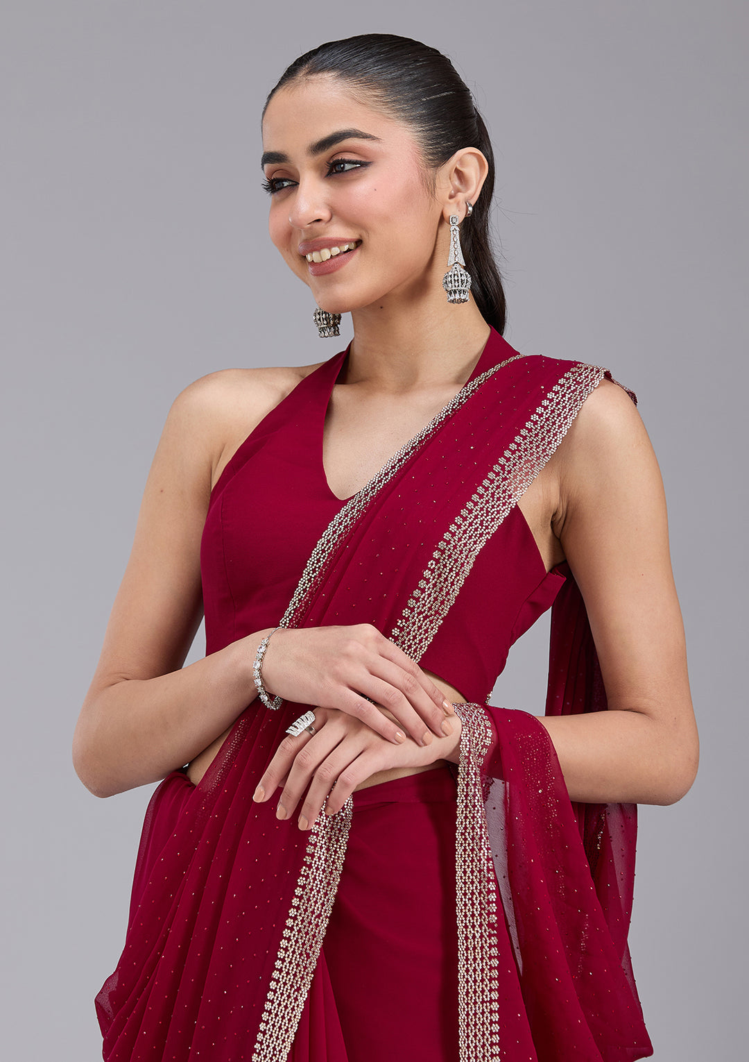 Maroon Georgette Gold Stonework Saree With Matching Blouse Piece