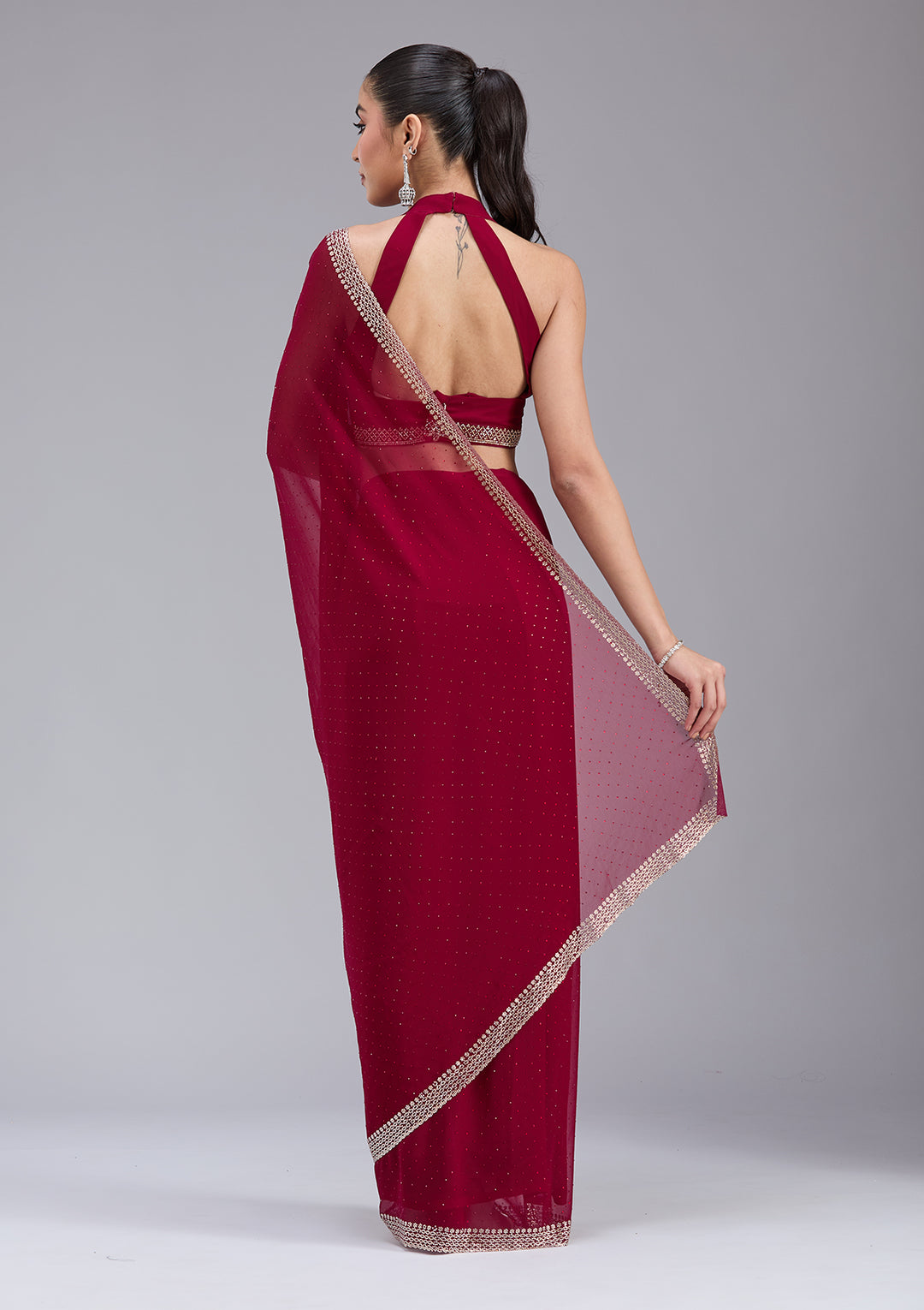 Maroon Georgette Gold Stonework Saree With Matching Blouse Piece
