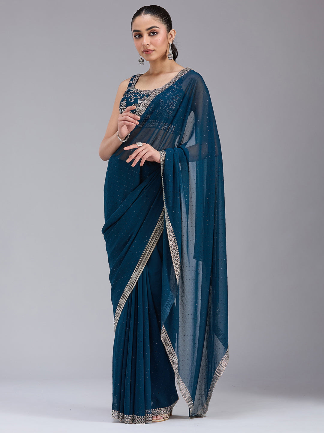 Peacock Blue Georgette Gold Stonework Saree With Matching Blouse Piece
