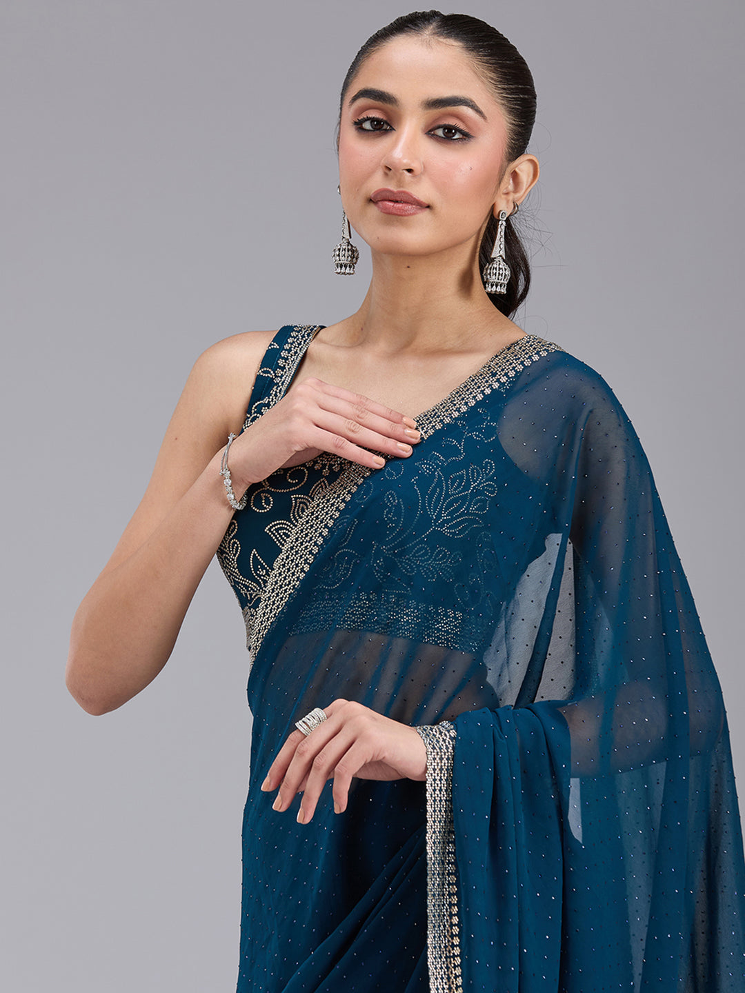 Peacock Blue Georgette Gold Stonework Saree With Matching Blouse Piece