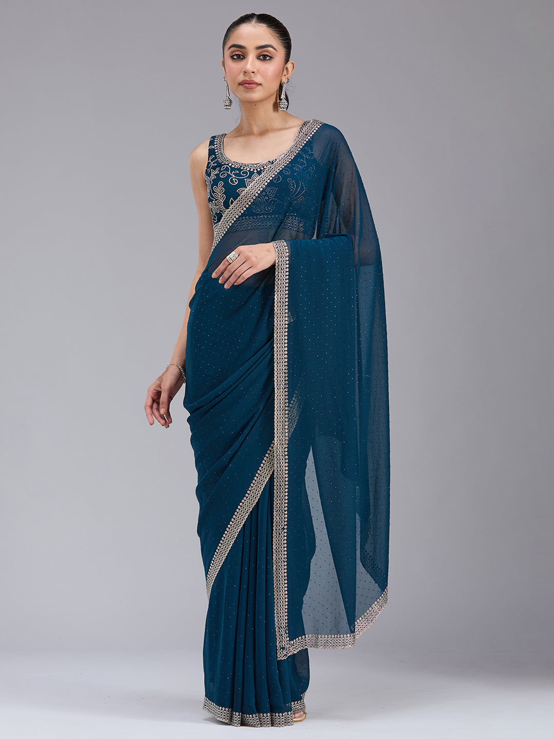Peacock Blue Georgette Gold Stonework Saree With Matching Blouse Piece