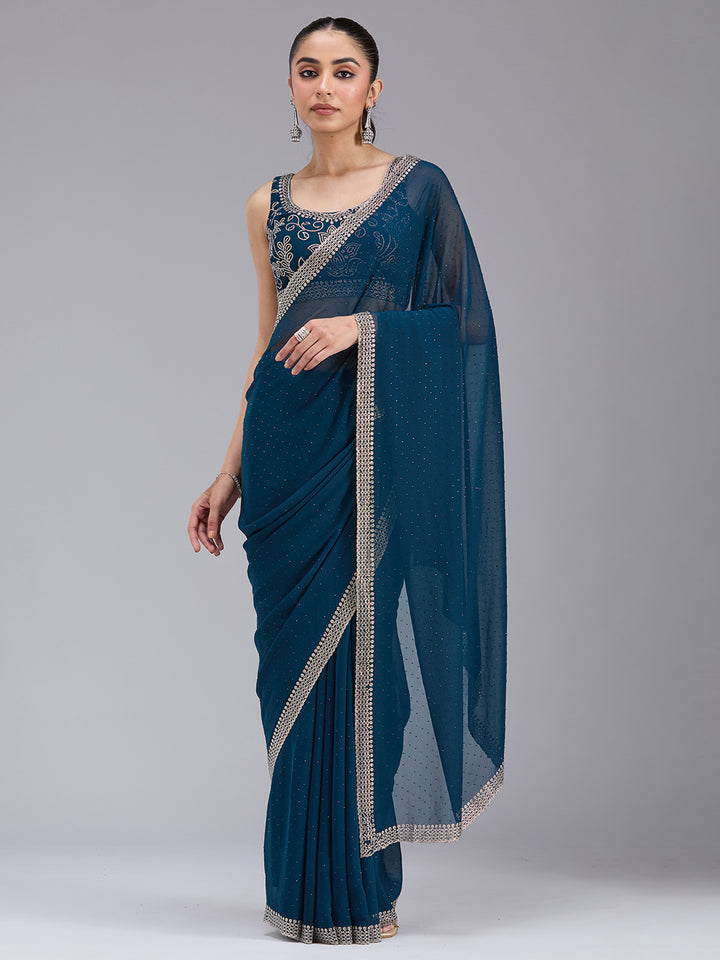 Peacock Blue Georgette Gold Stonework Saree With Matching Blouse Piece