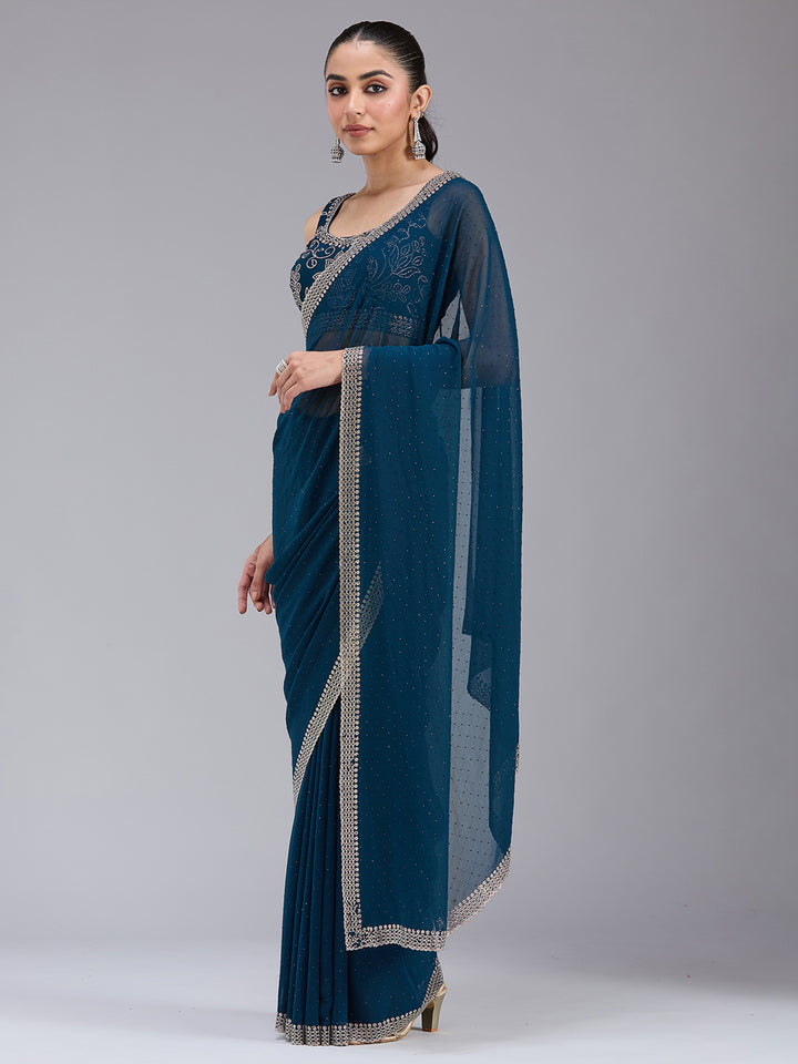 Peacock Blue Georgette Gold Stonework Saree With Matching Blouse Piece