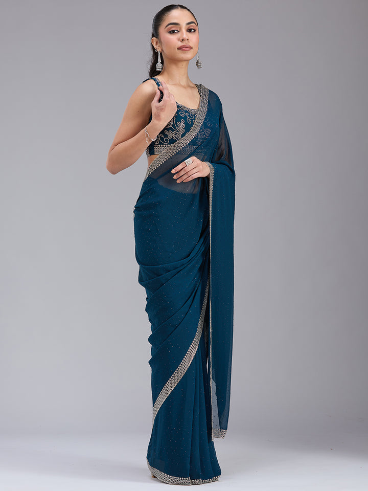 Peacock Blue Georgette Gold Stonework Saree With Matching Blouse Piece