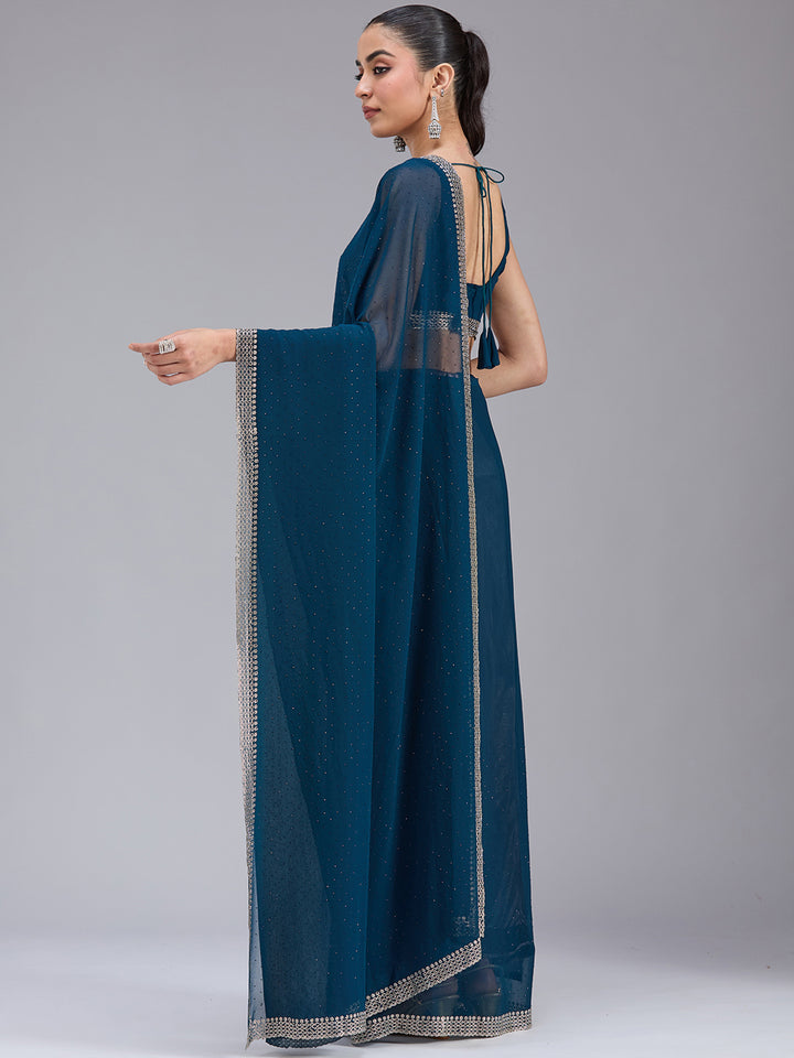 Peacock Blue Georgette Gold Stonework Saree With Matching Blouse Piece