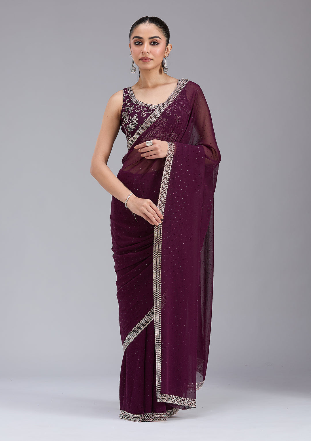 Purple Georgette Gold Stonework Saree With Matching Blouse Piece
