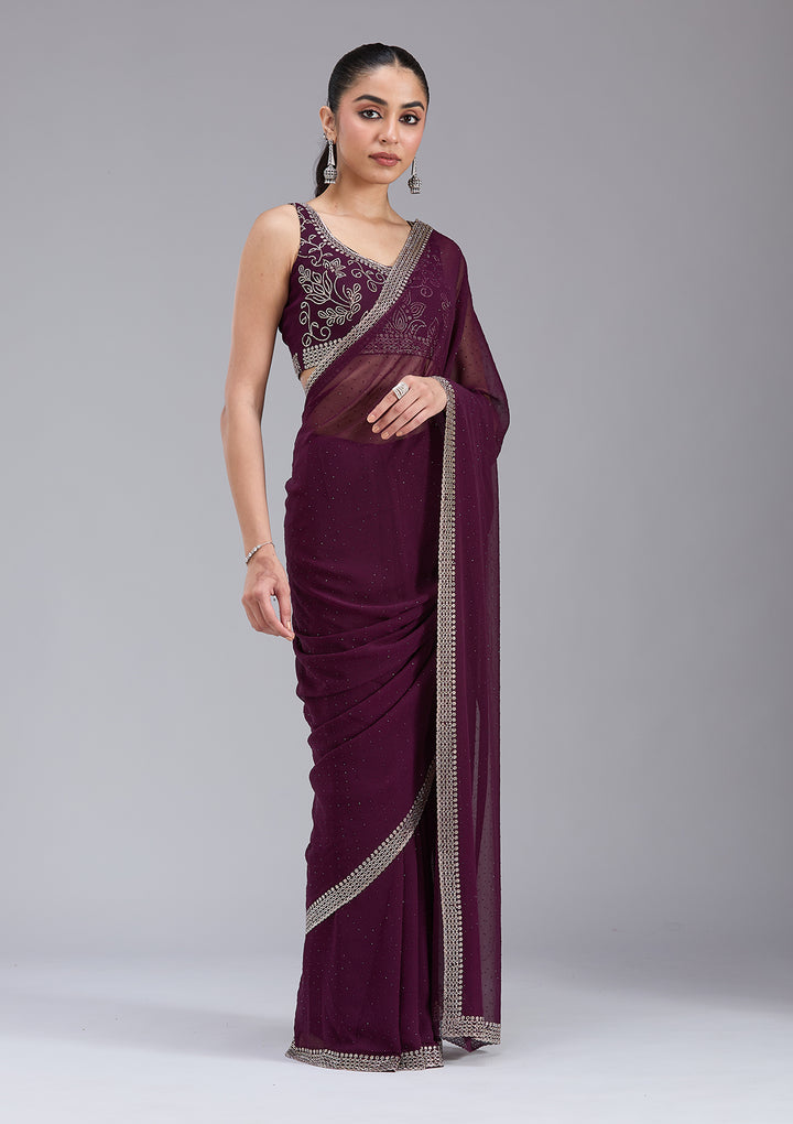 Purple Georgette Gold Stonework Saree With Matching Blouse Piece
