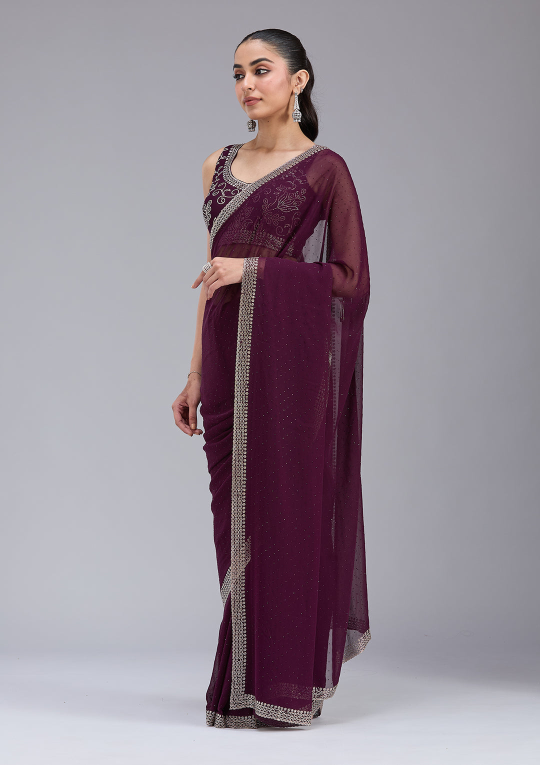 Purple Georgette Gold Stonework Saree With Matching Blouse Piece