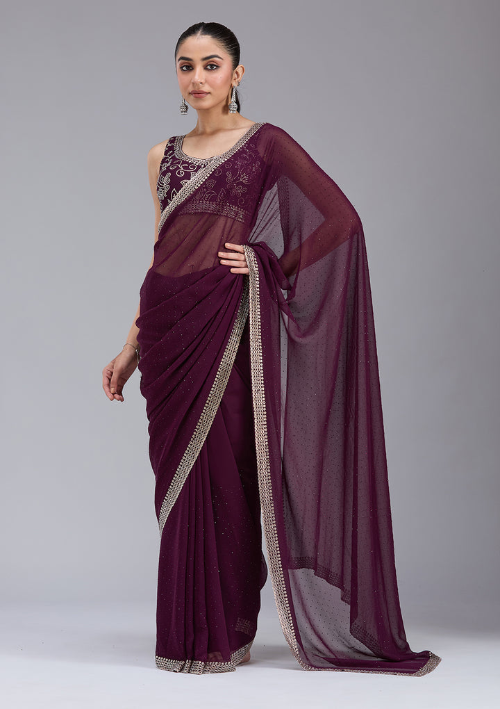 Purple Georgette Gold Stonework Saree With Matching Blouse Piece