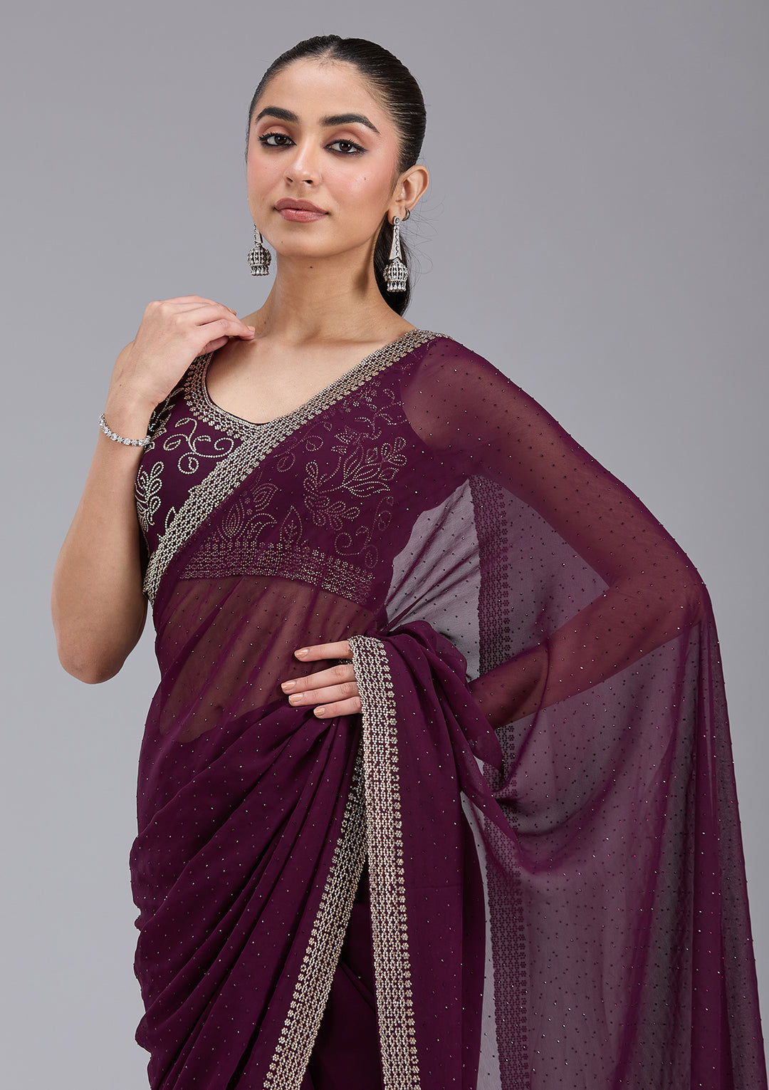 Purple Georgette Gold Stonework Saree With Matching Blouse Piece