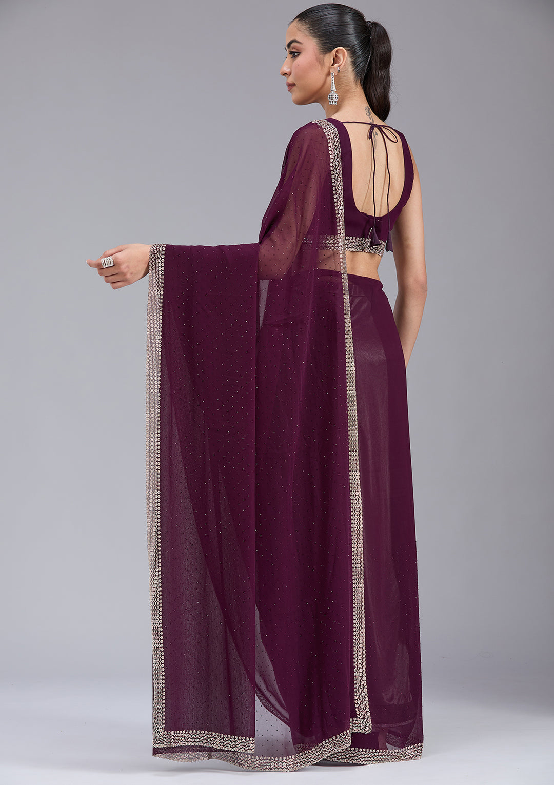 Purple Georgette Gold Stonework Saree With Matching Blouse Piece