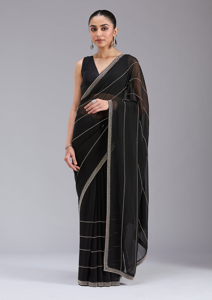 Black Georgette Gold Stonework Saree With Matching Blouse Piece