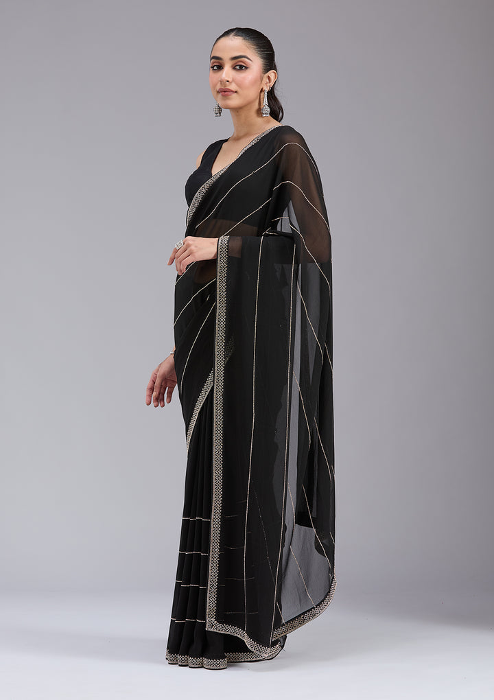 Black Georgette Gold Stonework Saree With Matching Blouse Piece
