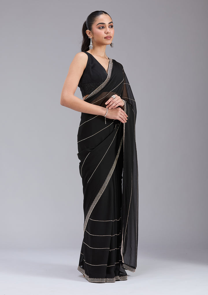 Black Georgette Gold Stonework Saree With Matching Blouse Piece