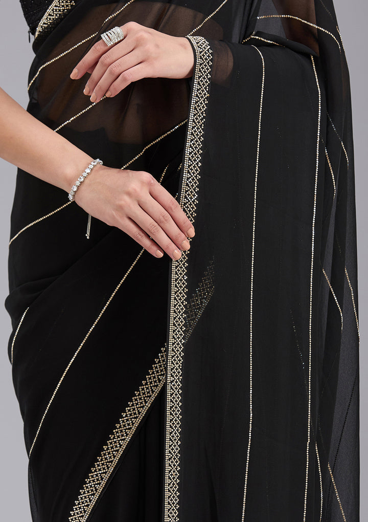 Black Georgette Gold Stonework Saree With Matching Blouse Piece