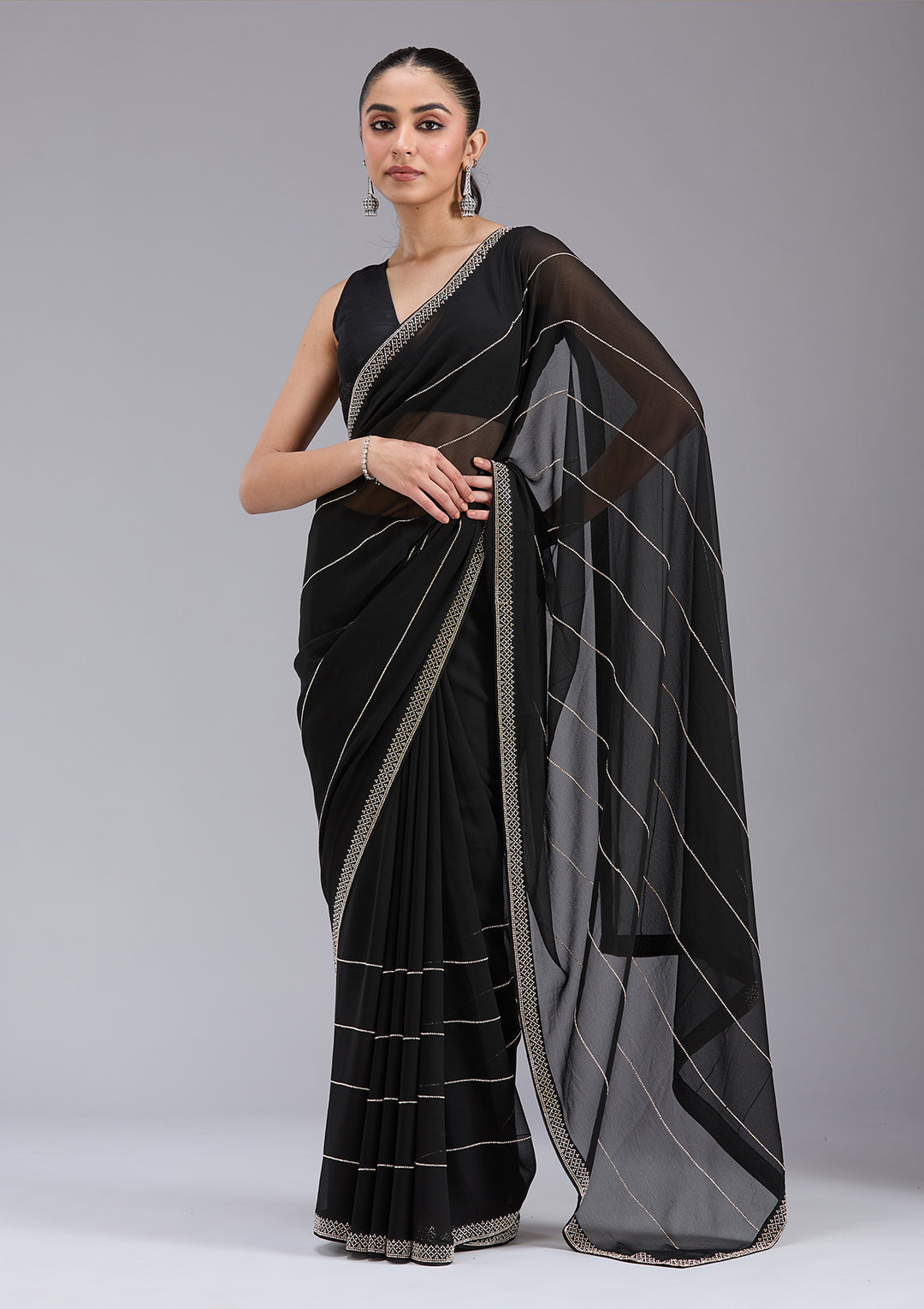 Black Georgette Gold Stonework Saree With Matching Blouse Piece