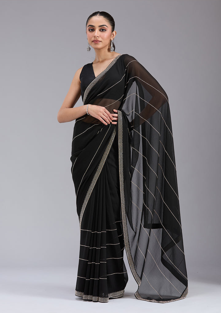 Black Georgette Gold Stonework Saree With Matching Blouse Piece