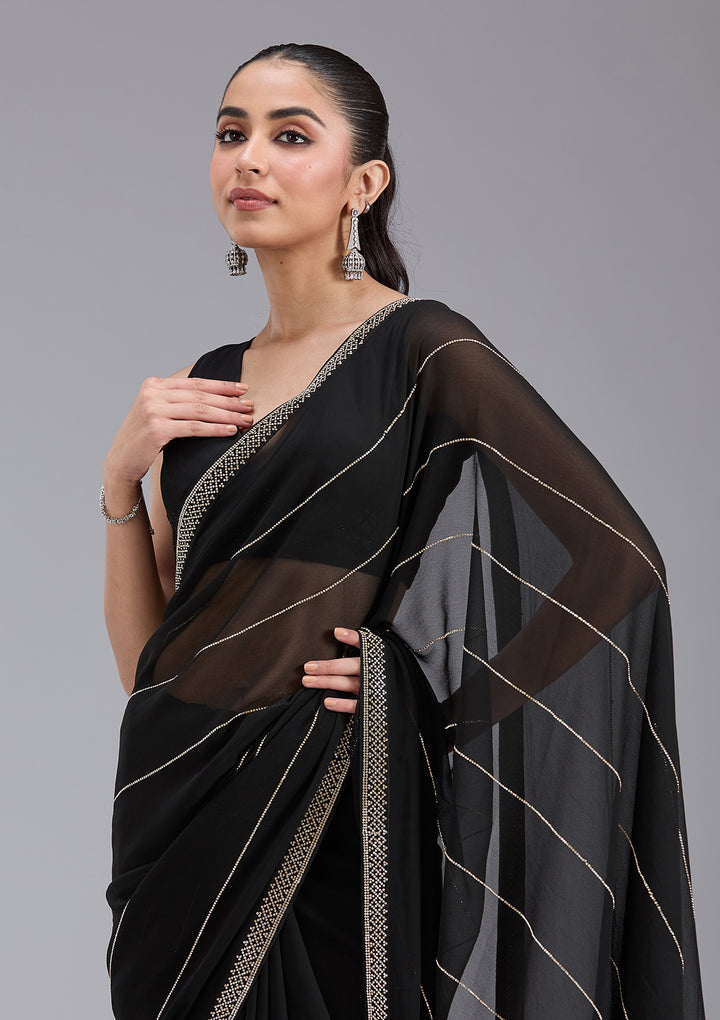 Black Georgette Gold Stonework Saree With Matching Blouse Piece