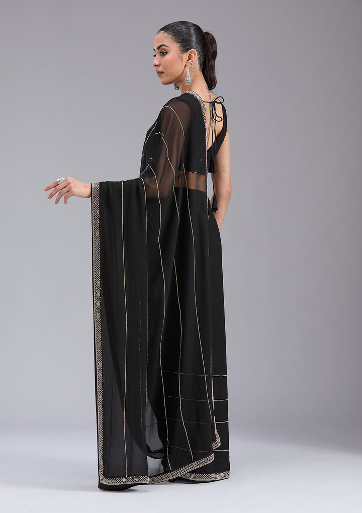 Black Georgette Gold Stonework Saree With Matching Blouse Piece