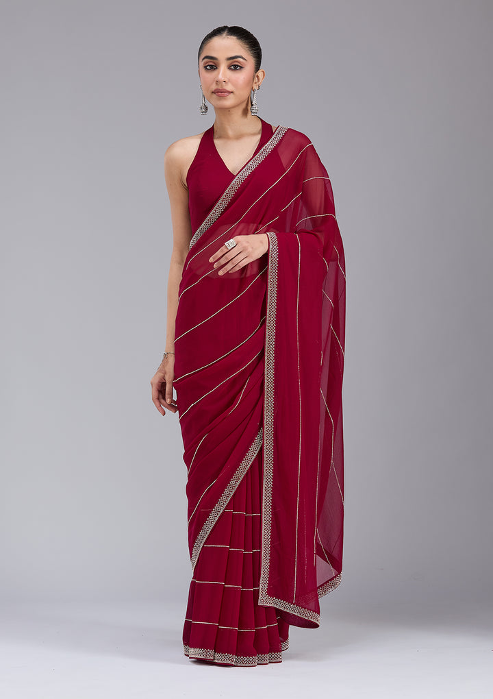 Maroon Georgette Gold Stonework Saree With Matching Blouse Piece