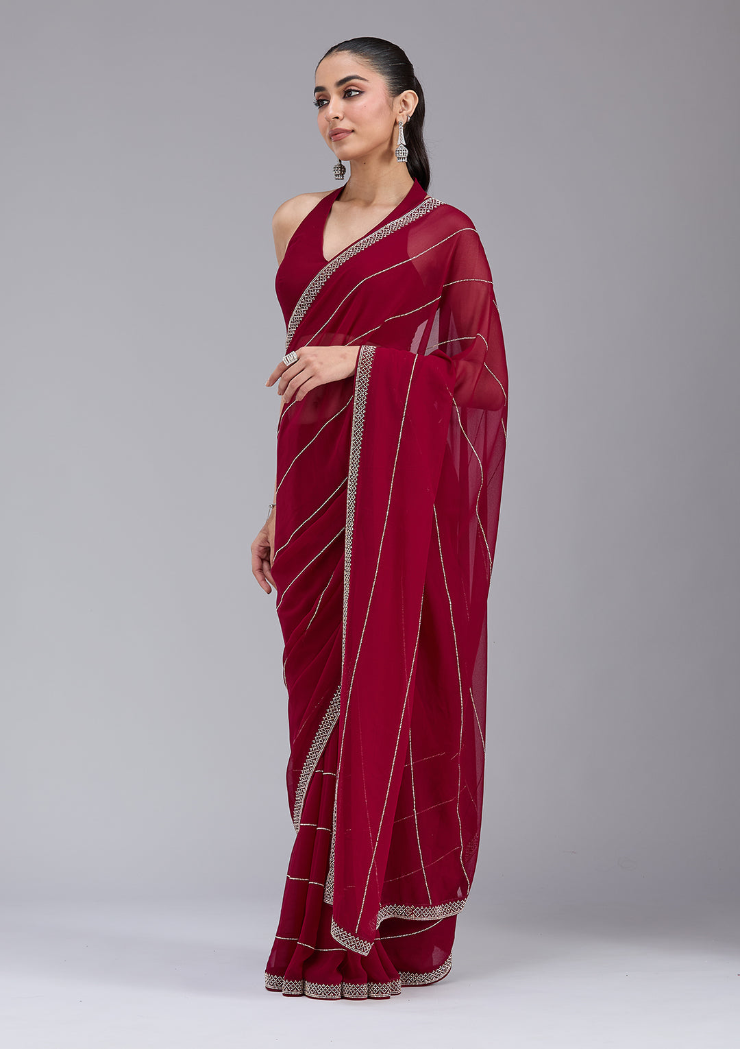 Maroon Georgette Gold Stonework Saree With Matching Blouse Piece