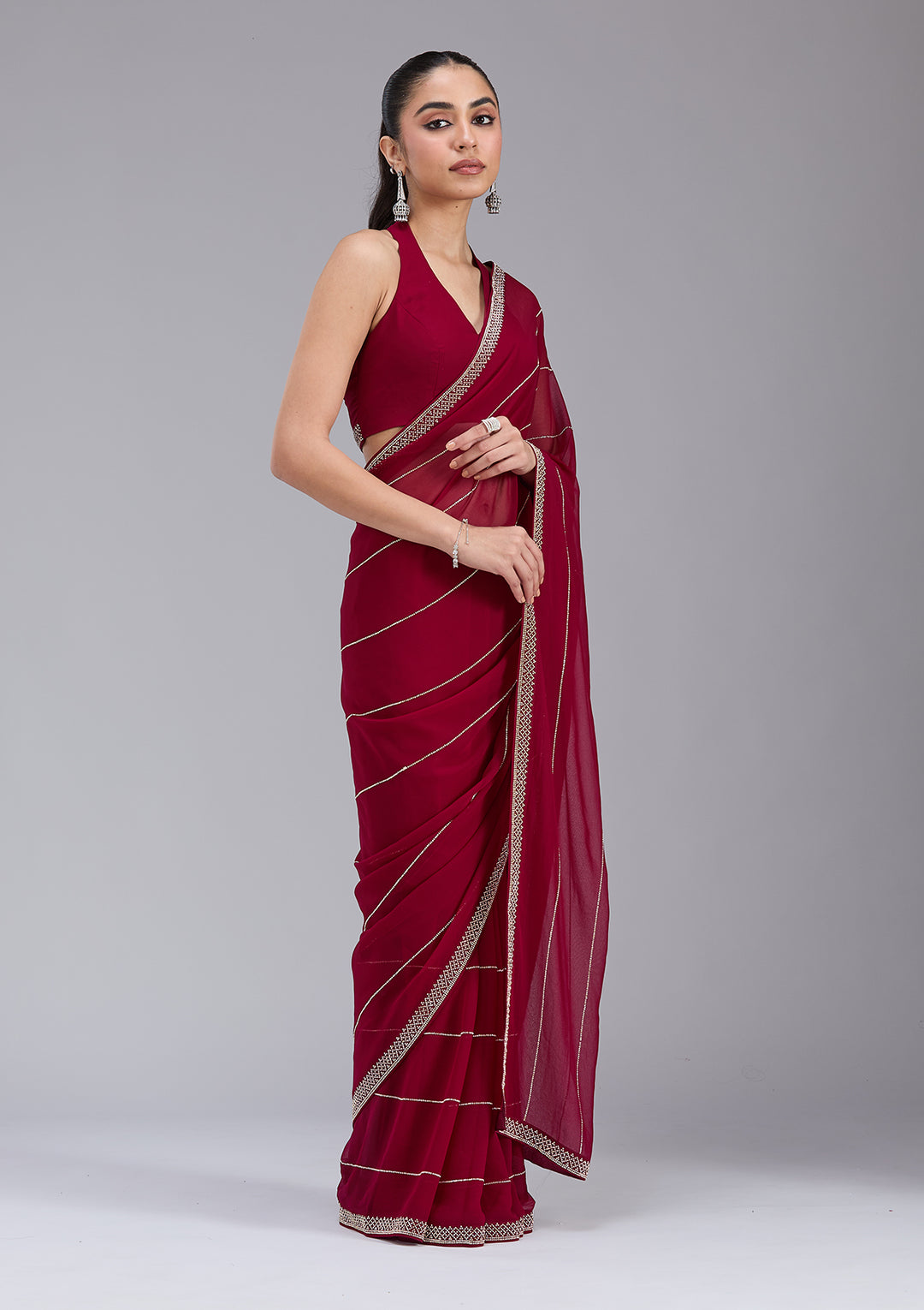 Maroon Georgette Gold Stonework Saree With Matching Blouse Piece