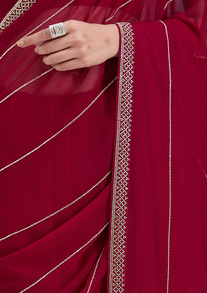 Maroon Georgette Gold Stonework Saree With Matching Blouse Piece