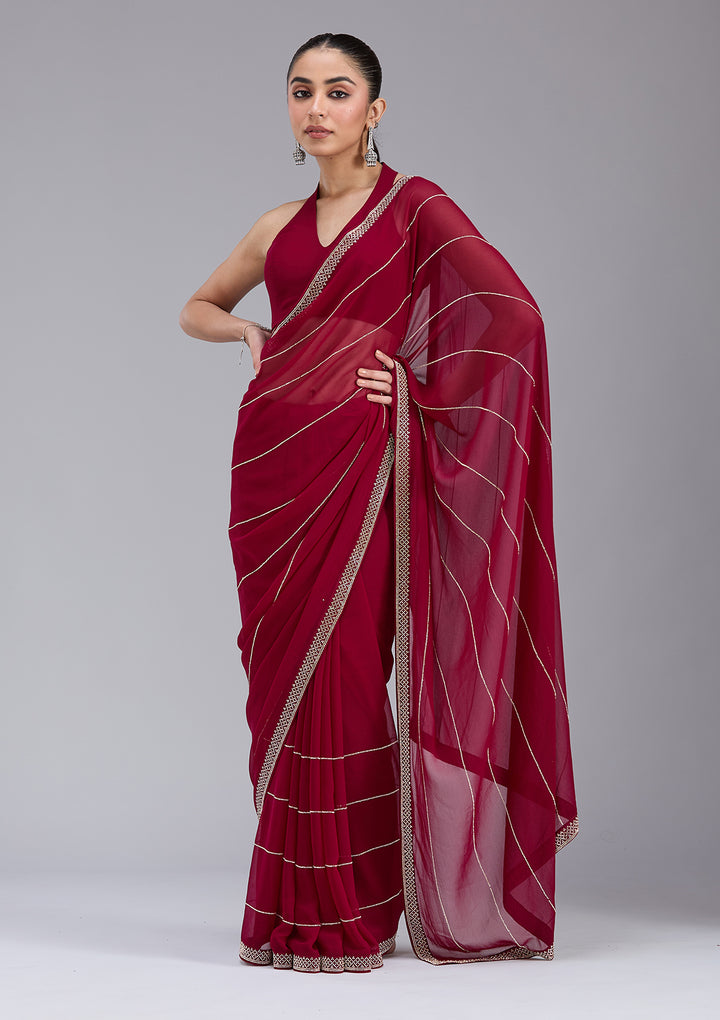 Maroon Georgette Gold Stonework Saree With Matching Blouse Piece
