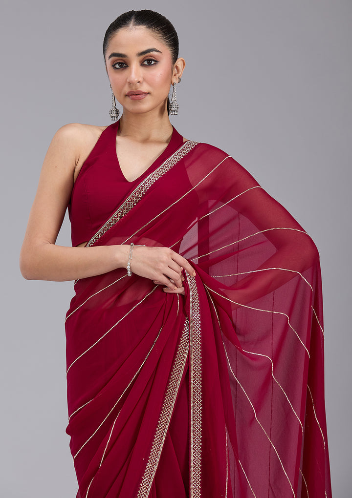 Maroon Georgette Gold Stonework Saree With Matching Blouse Piece