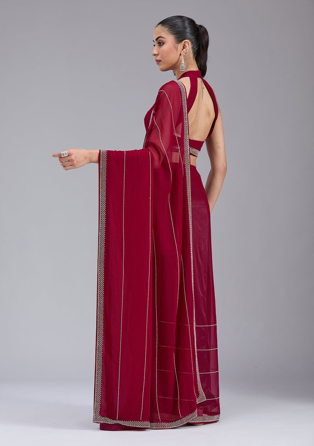 Maroon Georgette Gold Stonework Saree With Matching Blouse Piece