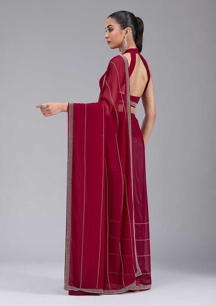 Maroon Georgette Gold Stonework Saree With Matching Blouse Piece